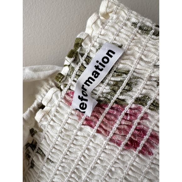 Reformation Floral Linen Mini Dress Sz M Bohemian Long Sleeves Hilary Smocked - Picture 3 of 9